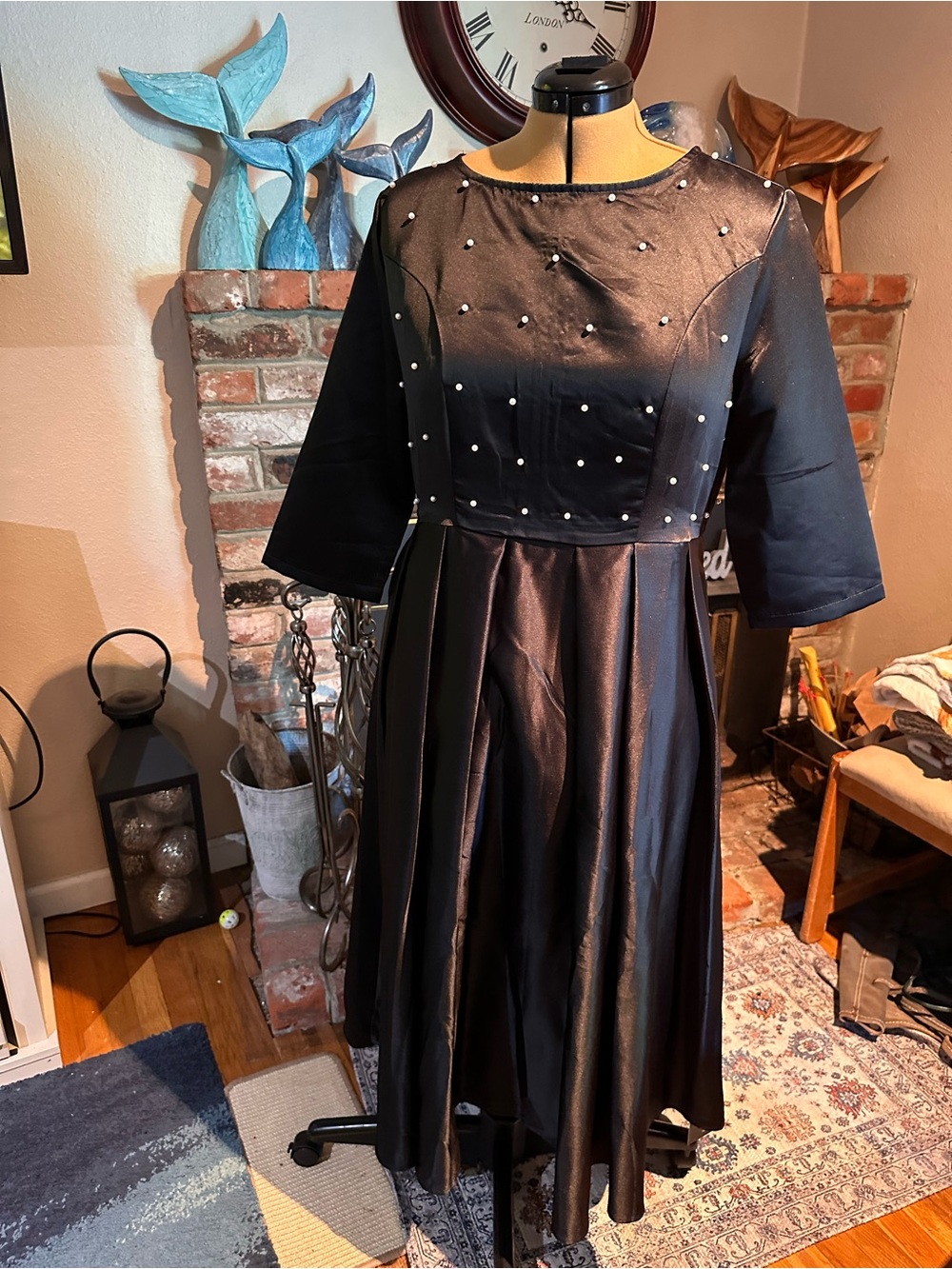 Elegant Black Pearl-Stud Midi Dress with Fit-and-Flare Silhouette